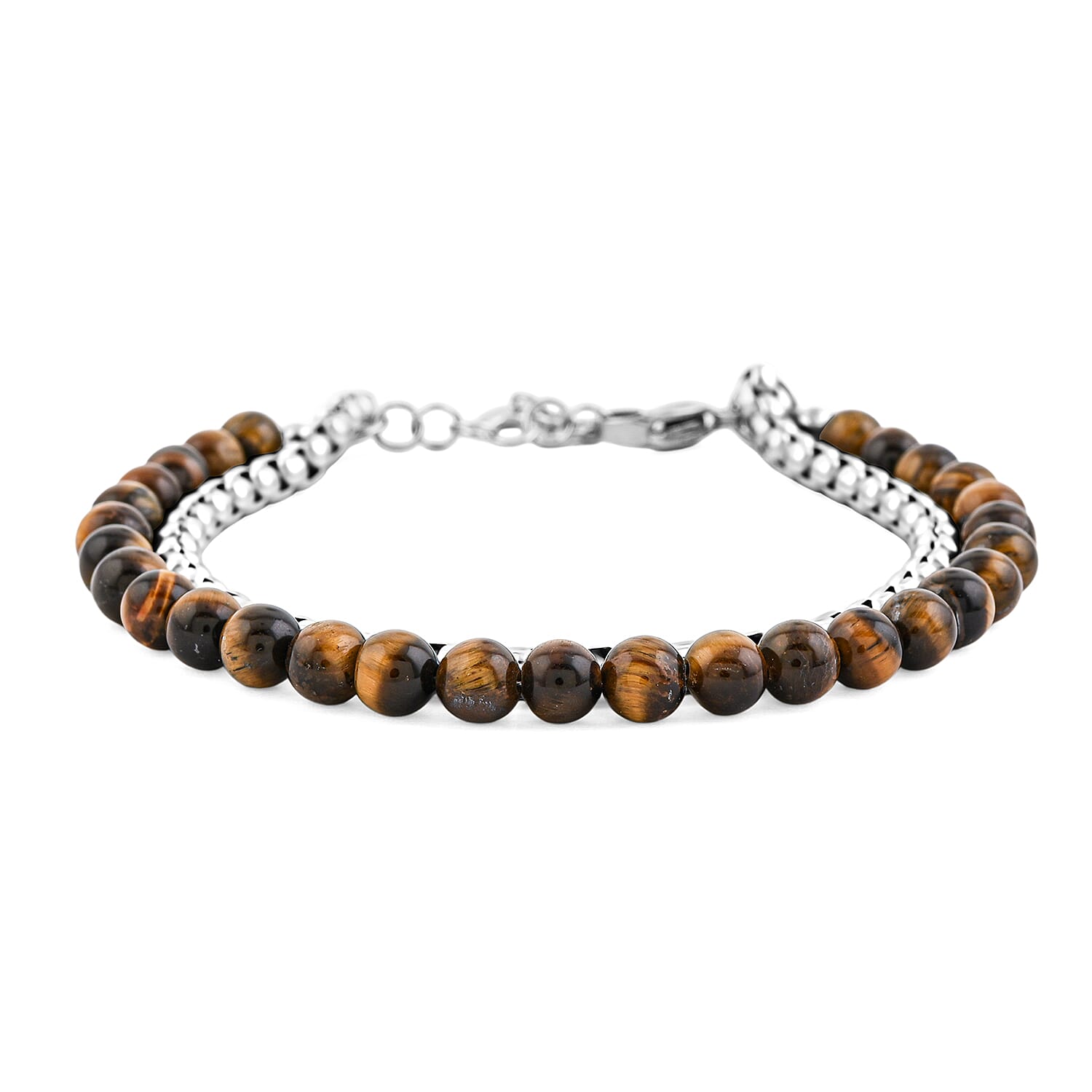 Tigers Eye 32.00 ctw Beaded Bracelet in Stainless Steel (8-9In)