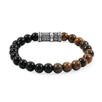 Tigers Eye and Black Onyx 41.40 ctw Beaded Stretch Bracelet in Stainless Steel (8-10In)