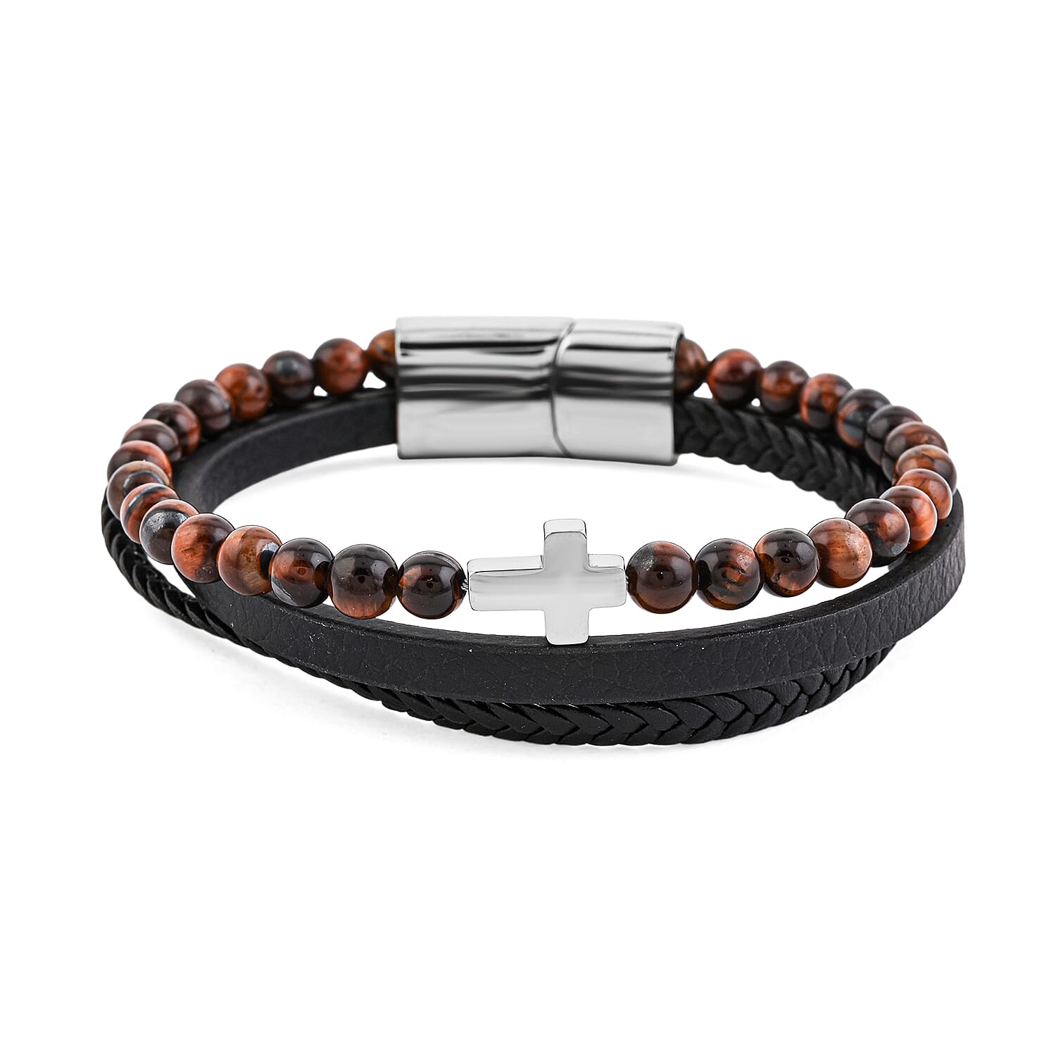 Tigers Eye 55.80 ctw Black Leather Cord Bracelet in Stainless Steel (8.50 In)