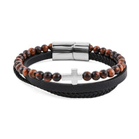 Tigers Eye 55.80 ctw Black Leather Cord Bracelet in Stainless Steel (8.50 In)