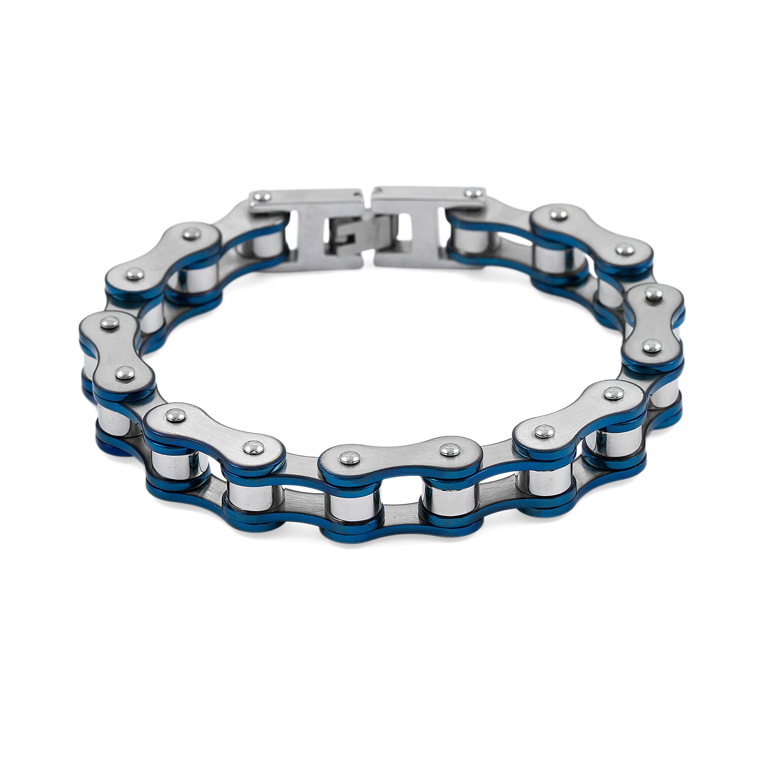 Silver & Blue Motorcycle Chain Bracelet in Stainless Steel (8.50 In)