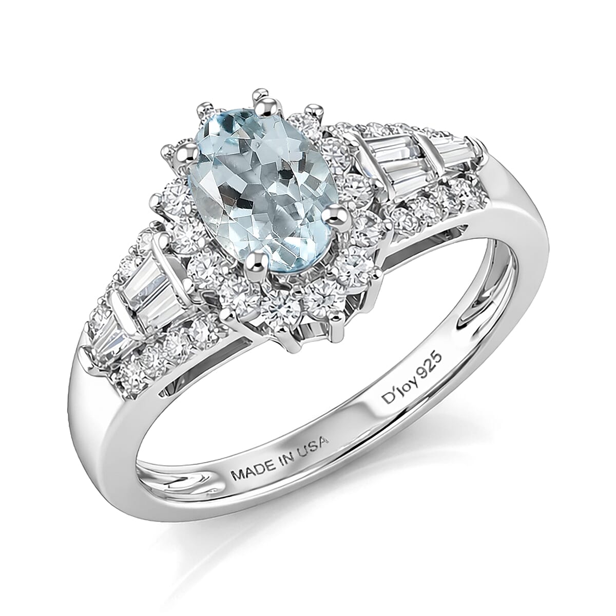 D'Joy Premium Mangoro Santo Aquamarine and Moissanite 1.30 ctw Ring in Rhodium Over Sterling Silver