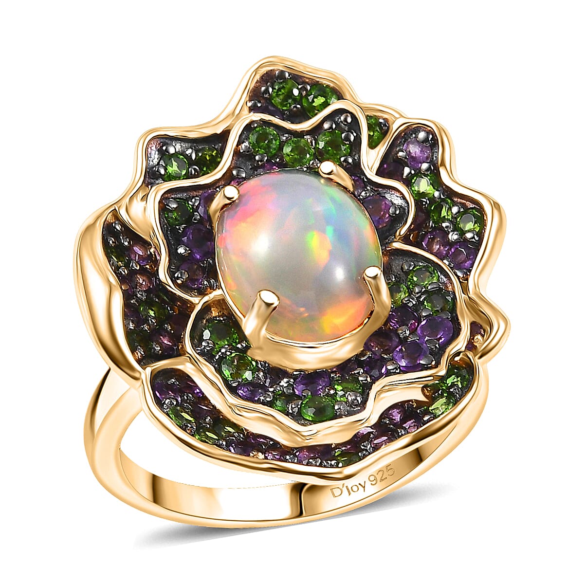 D'Joy Premium Ethiopian Welo Opal, Multi Gemstone Ring in 18K Vermeil YG Over Sterling Silver (Size 10.0) 3.00 ctw