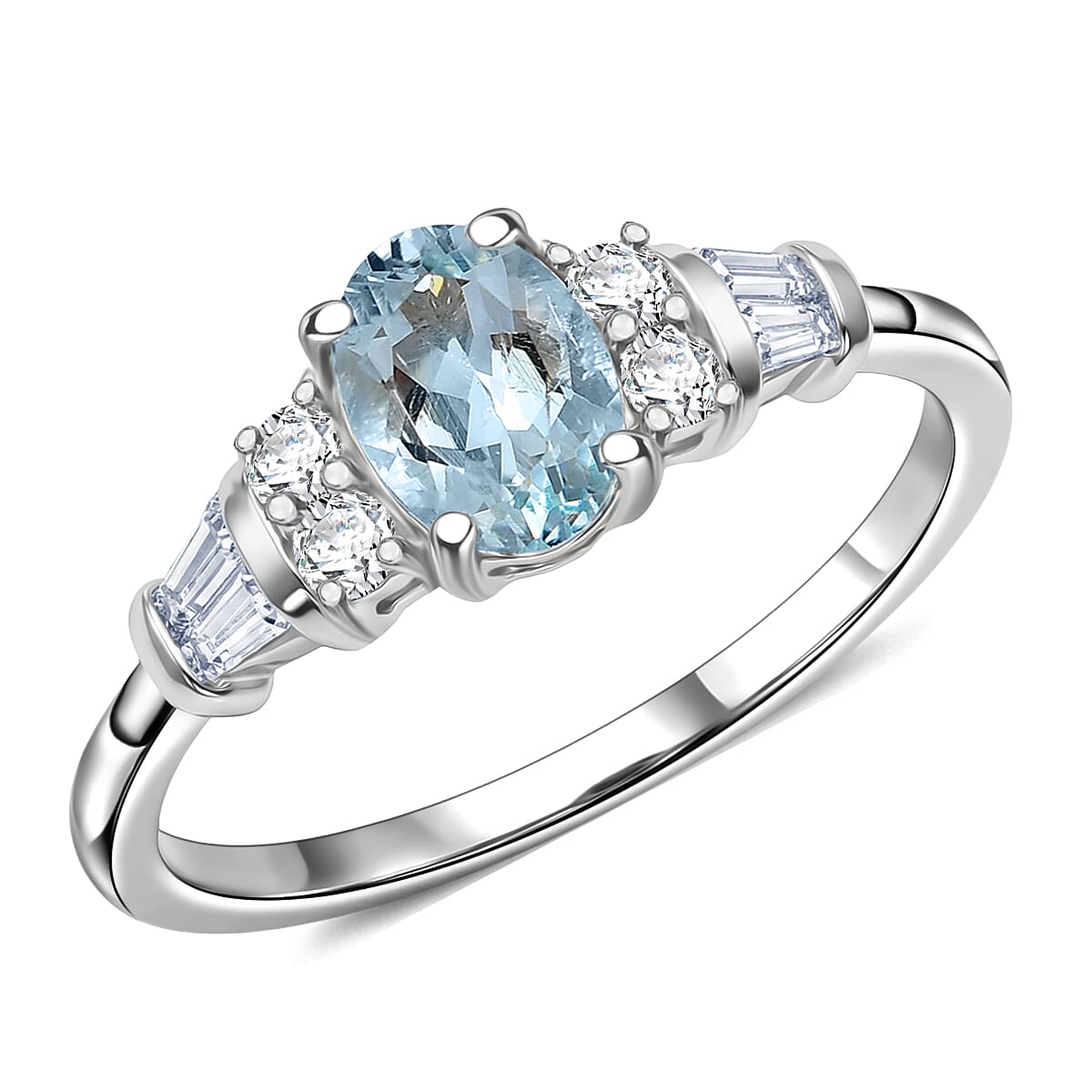 D'Joy Premium Mangoro Santo Aquamarine, Moissanite Ring in Rhodium Over Sterling Silver (Size 10.0) 1.00 ctw