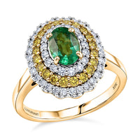 Certified & Appraised 10K Yellow Gold AAA Kagem Zambian Emerald, Luxuriant Lab Grown Yellow and White Diamond (SI) (0.73 cts) Ring (Size 10.0) 1.50 ctw
