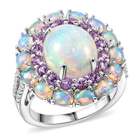D'Joy Premium Ethiopian Welo Opal, Multi Gemstone Ring in Rhodium Over Sterling Silver (Size 10.0) 6.00 ctw