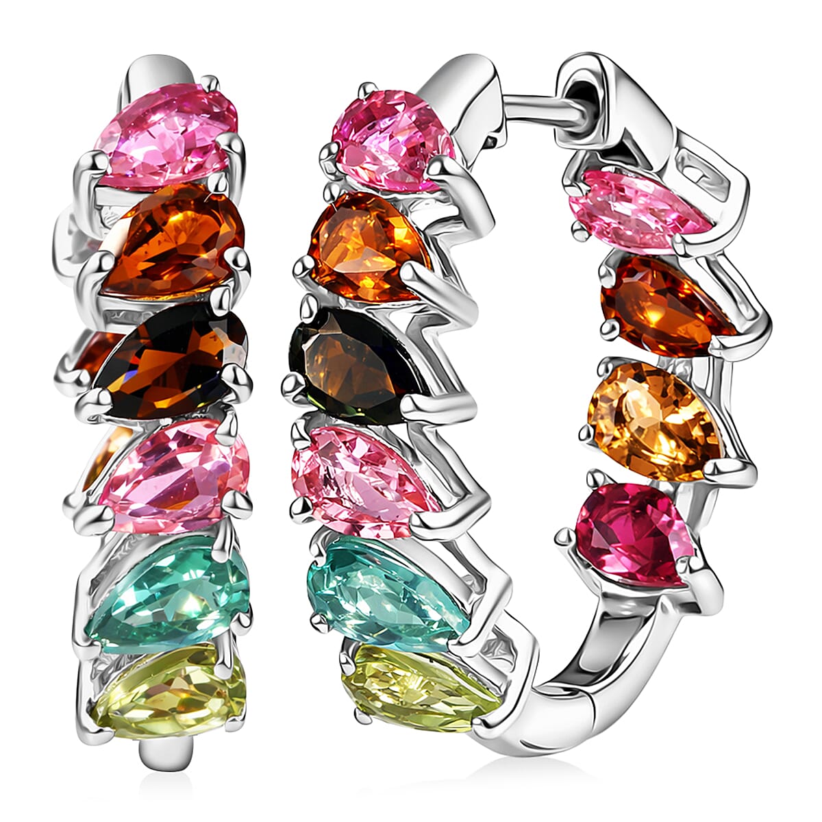 D'Joy Premium Multi Tourmaline 4.50 ctw Shades of Life Hoop Earrings in Rhodium Over Sterling Silver (Del. In 8-10 Days)