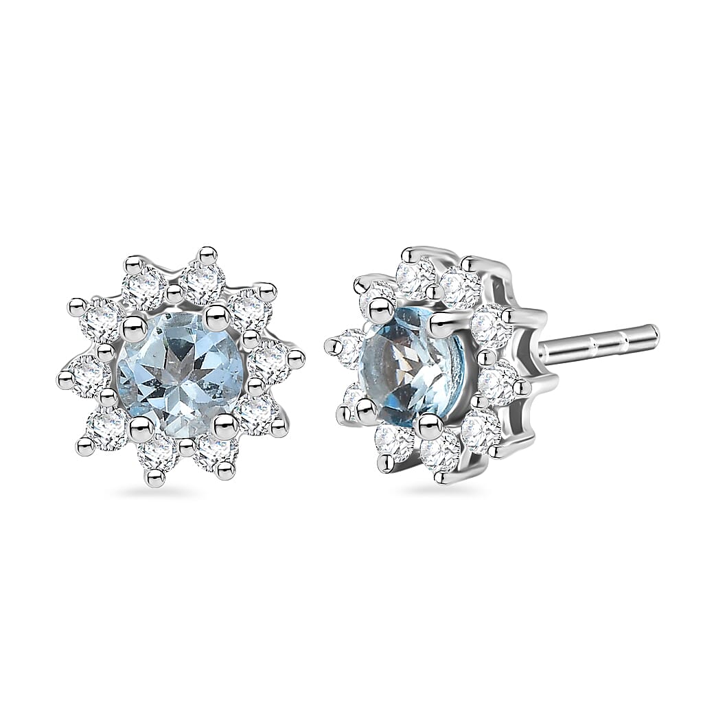 D'Joy Premium Mangoro Aquamarine and Moissanite 1.20 ctw Azure Crown Studs Earrings in Rhodium Over Sterling Silver