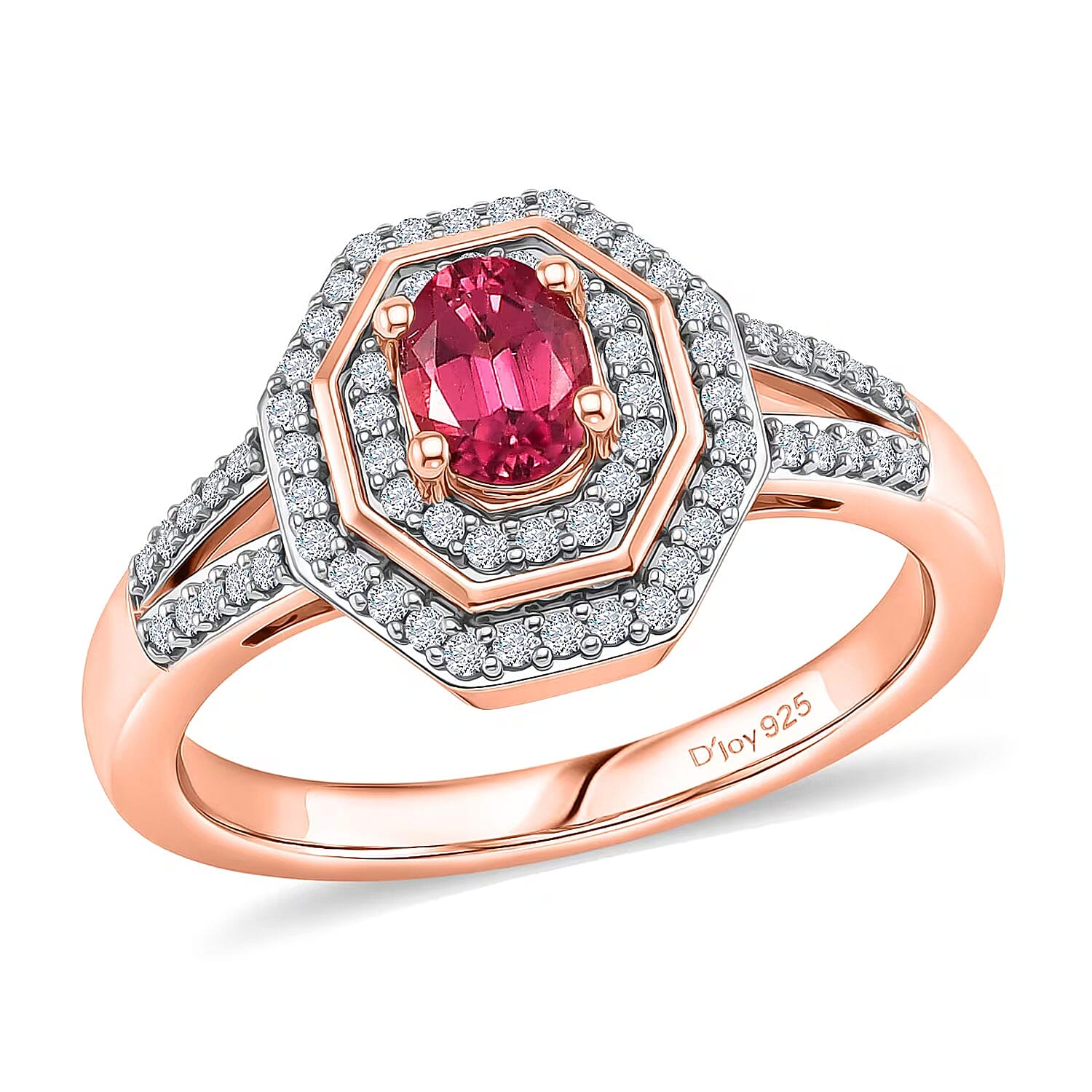 D'Joy Premium Ouro Fino Rubellite, Moissanite Passion Halo Ring in 18K Vermeil RG Over Sterling Silver (Size 10.0) 0.65 ctw