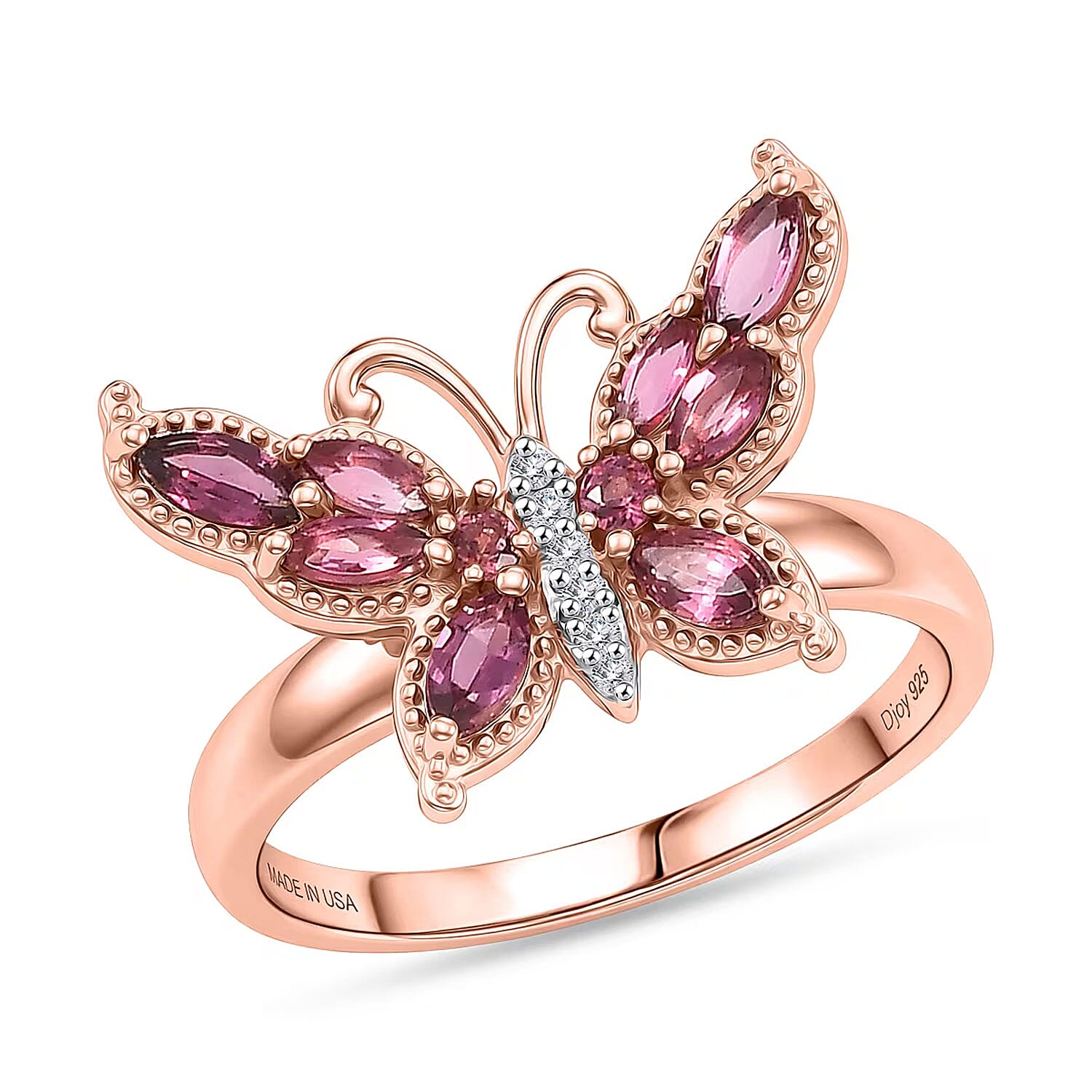 D'Joy Ouro Fino Rubellite, Moissanite Butterfly Ring in 18K Vermeil RG Over Sterling Silver (Size 10.0) 1.00 ctw