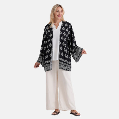La Marey Black and White Diamond Pattern Short Print Kimono - One Size Fits Most