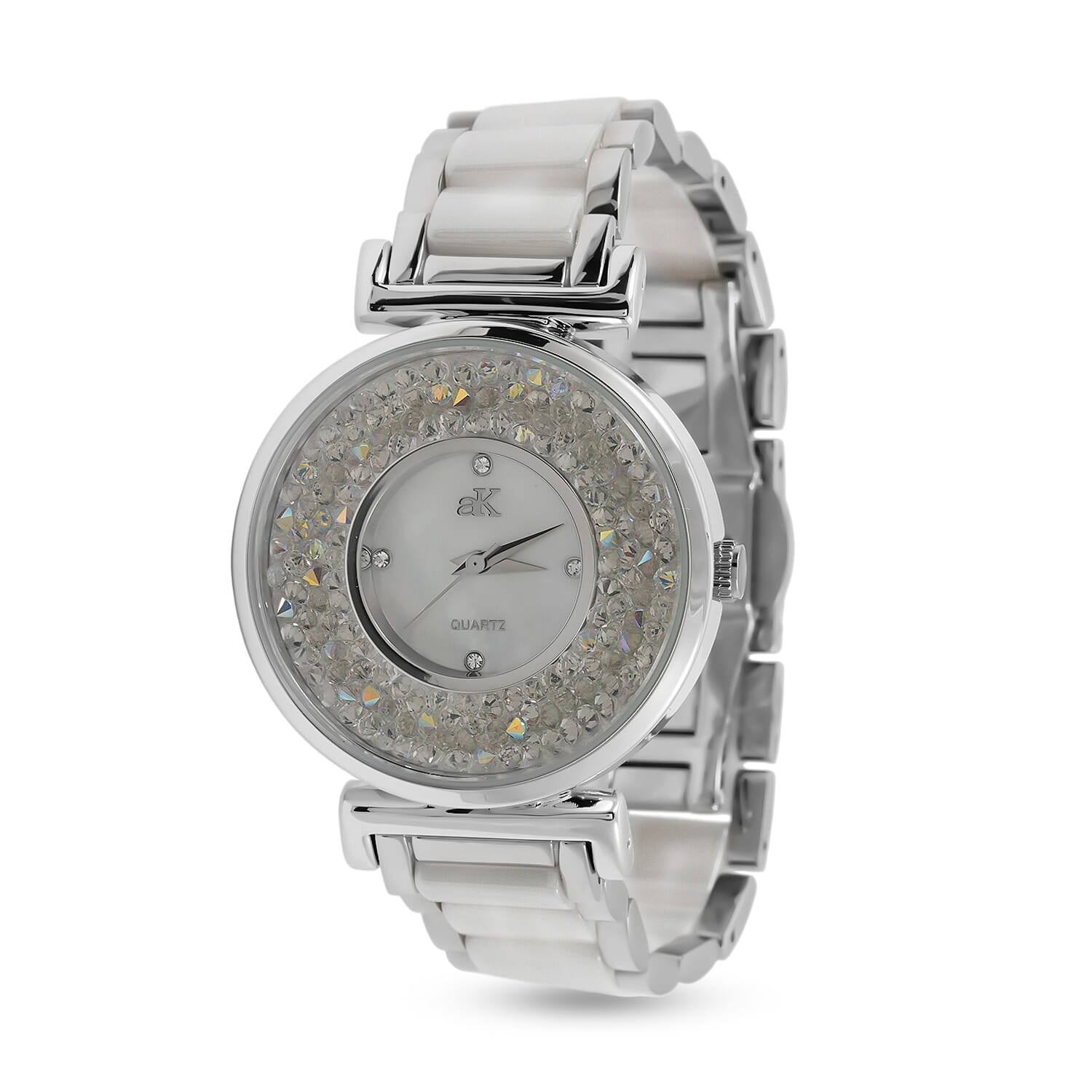 Adee Kaye White Crystals, Ceramic and Silvertone Ladies Watch with MOP Dial