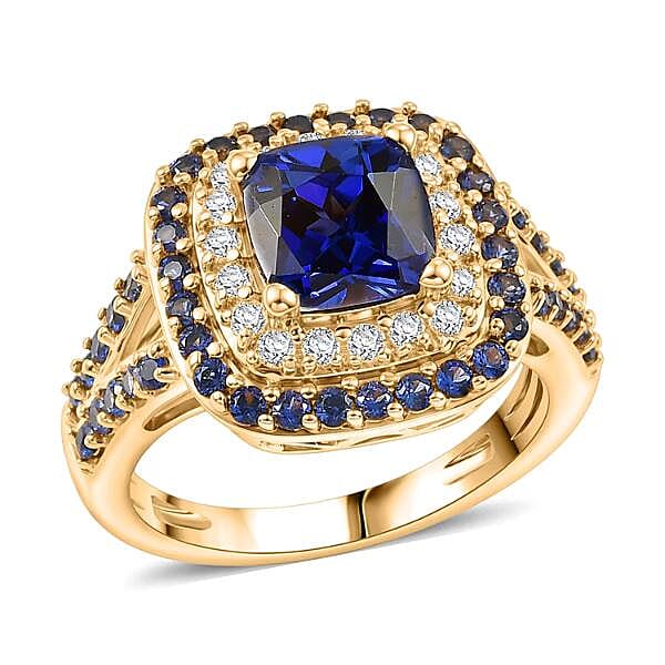 EverTrue Created Blue Sapphire ,  Created White Sapphire  Halo Ring in 18K YG Plated 2.62 ctw (Size 7.0) 2.62 ctw