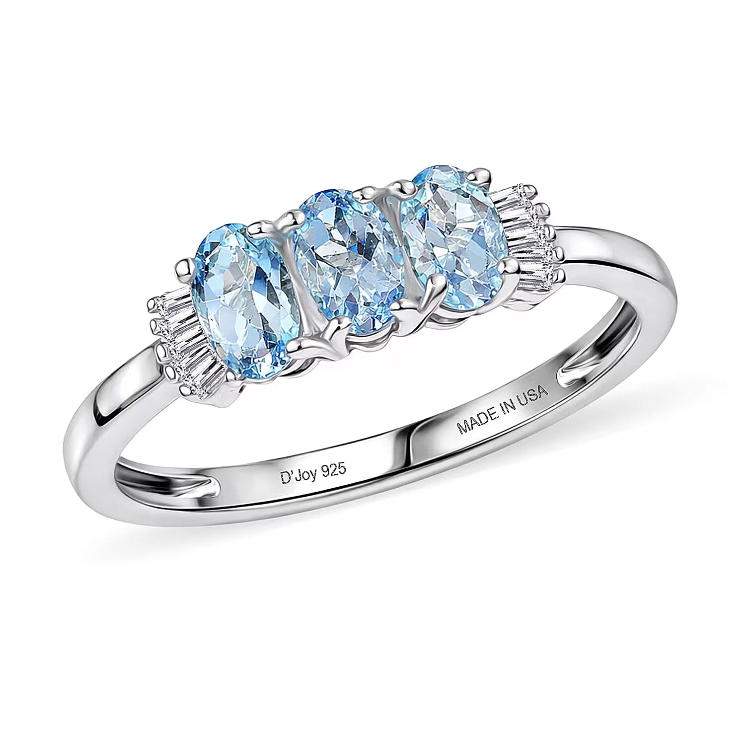 D'Joy Santa Maria Aquamarine, Diamond Ocean Trilogy Ring in Rhodium Over Sterling Silver (Size 10.0) 0.70 ctw