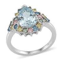 AAA Mangoro Aquamarine, Luxuriant Lab Grown Multi Diamond (IR) (SI) (0.70 cts) Ring in Rhodium Over Sterling Silver (Size 10.0) 3.00 ctw