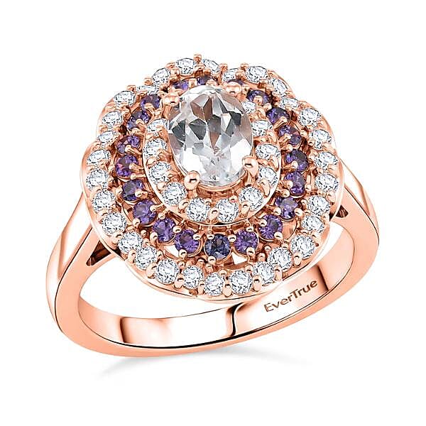 EverTrue Lab Created White and Purple Sapphire Royal Blush Halo Ring in 18K RG Plated (Size 10.0) 2.35 ctw