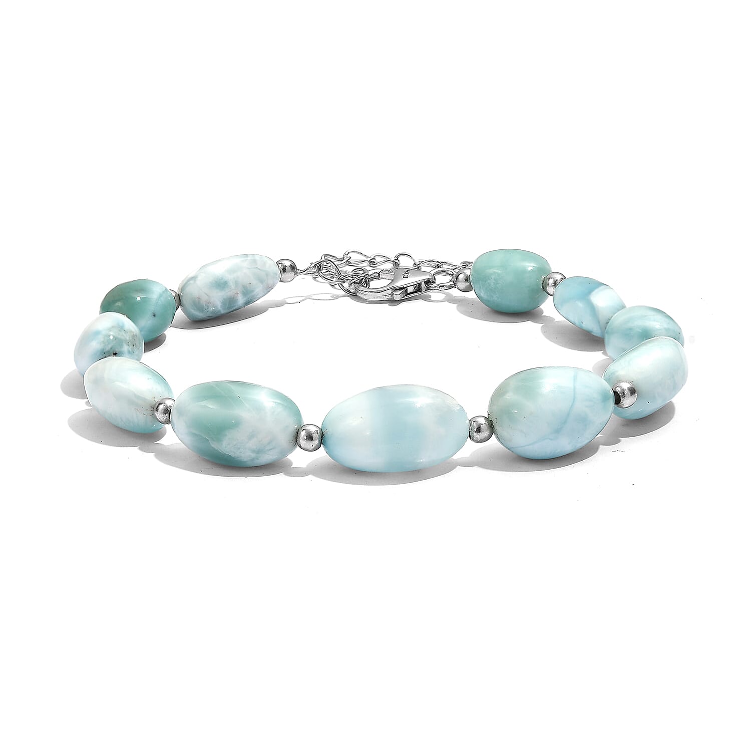 D'Joy Larimar 85.00 ctw Tumble Beaded Bracelet in Rhodium Over Sterling Silver (7.25-9.25In)