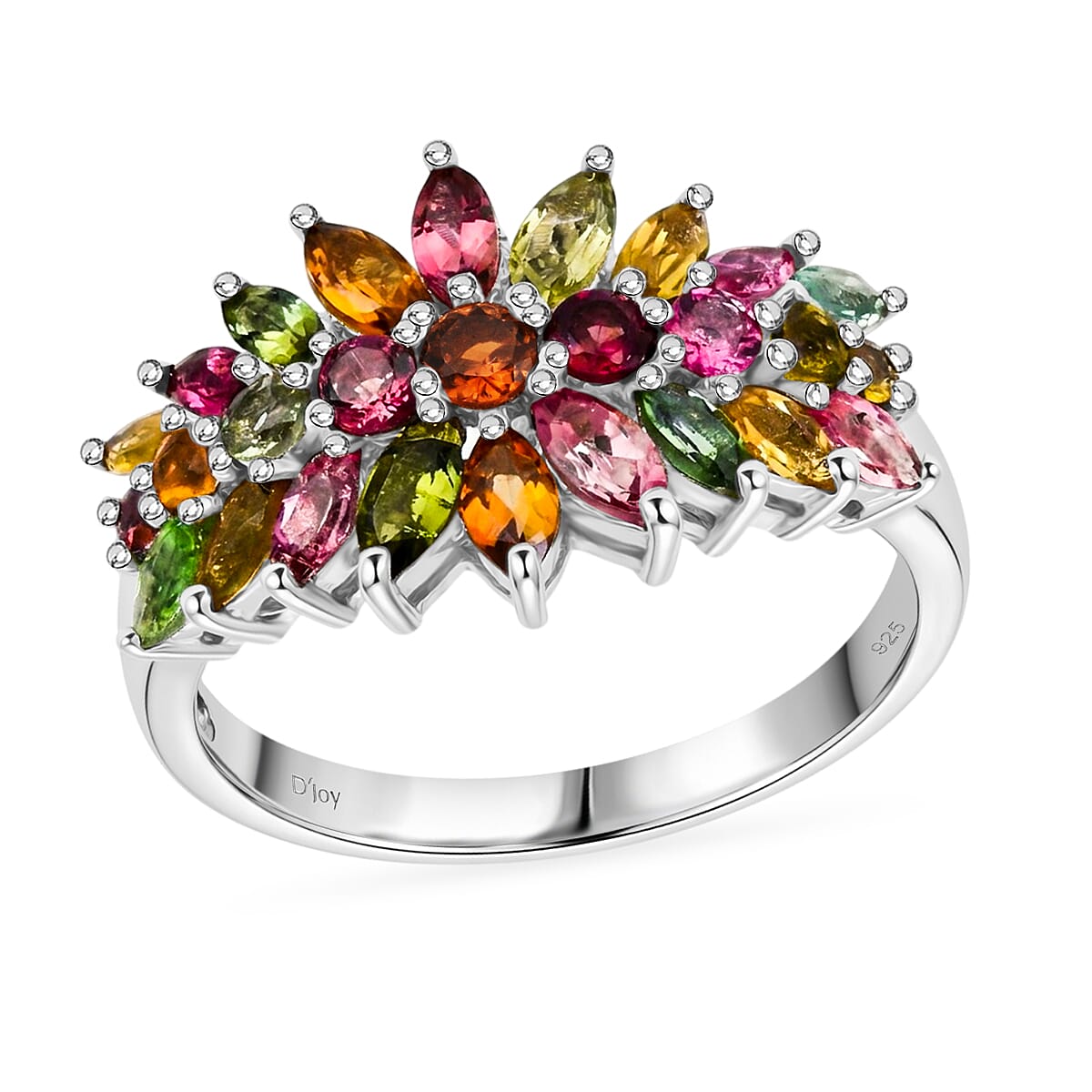 D'Joy Multi-Tourmaline Ring in Rhodium Over Sterling Silver (Size 10.0) 2.50 ctw