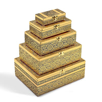 Livmore Set of 5 Handcrafted Floral Aluminum Oxidized Nested Box (9.5"x6.75"x3.5" - 5"x2.5"x1.25") - Gold