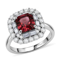 D'Joy Premium Asscher Cut Ouro Fino Rubellite, Moissanite Ring in Rhodium Over Sterling Silver (Size 10.0) (Del. in 7-10 Days) 3.35 ctw