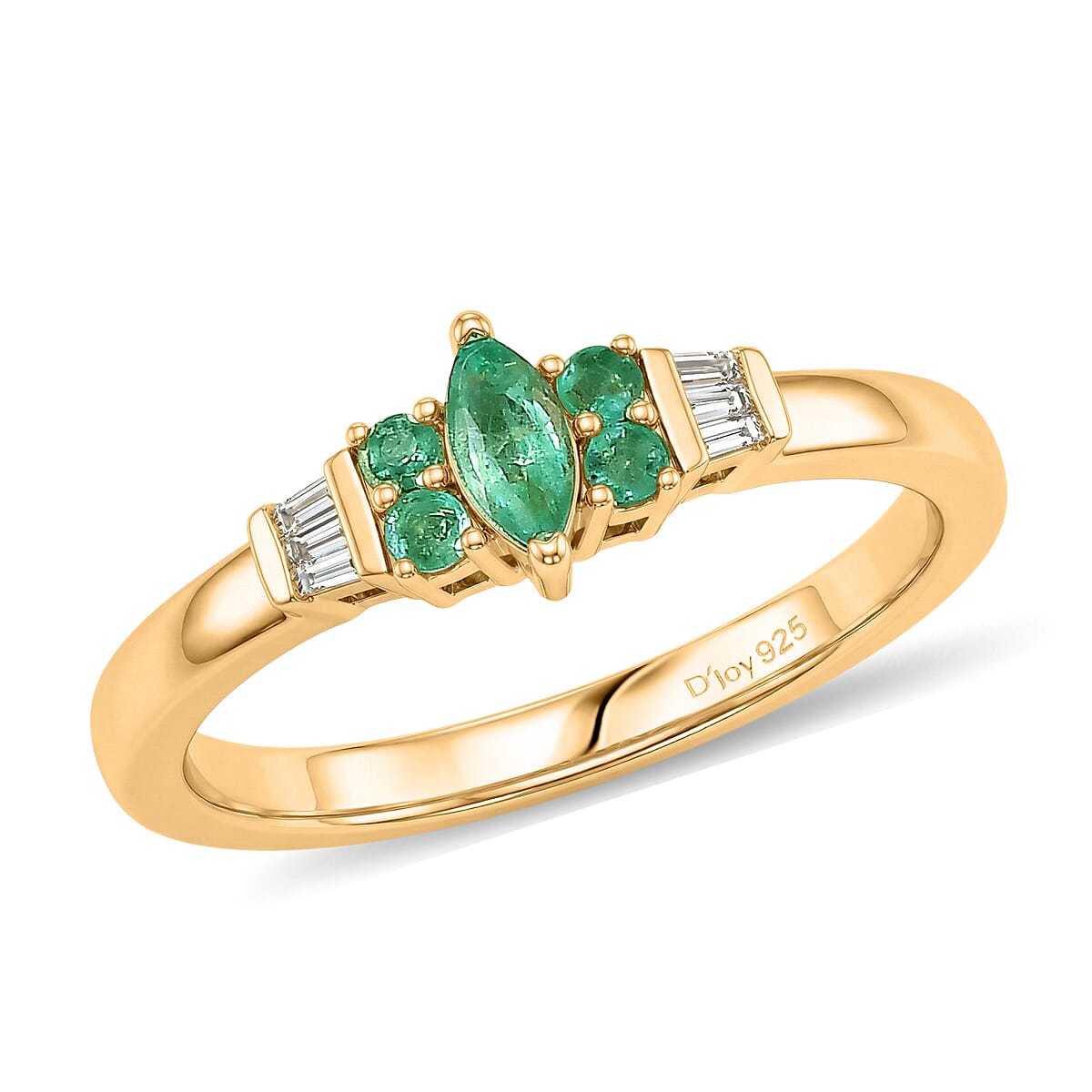 D'Joy Boyaca Colombian Emerald, Diamond Ring in 18K Vermeil YG Over Sterling Silver (Size 7.0) 0.30 ctw