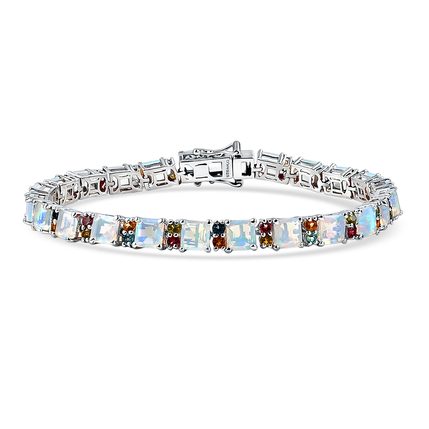 D'Joy Premium Asscher Cut Ethiopian Welo Opal, Multi Tourmaline Line Bracelet in Rhodium Over Sterling Silver (7.25 In) 10.15 ctw
