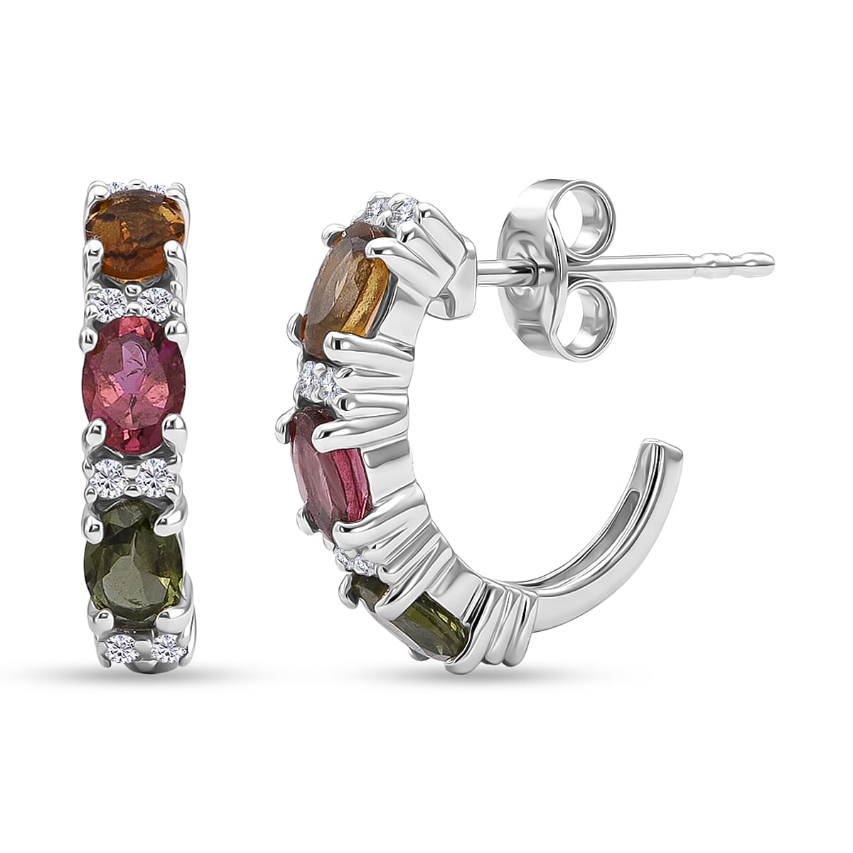 D'Joy Premium Multi-Tourmaline and White Zircon 1.35 ctw J-Hoop Earrings in Rhodium Over Sterling Silver