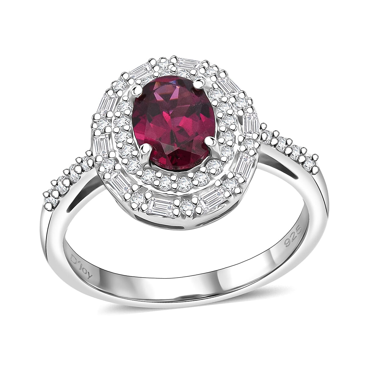 D'Joy AAA Radiant Ember Garnet, Moissanite Royal Estate Halo Ring in Rhodium Over Sterling Silver (Size 10.0) 2.00 ctw