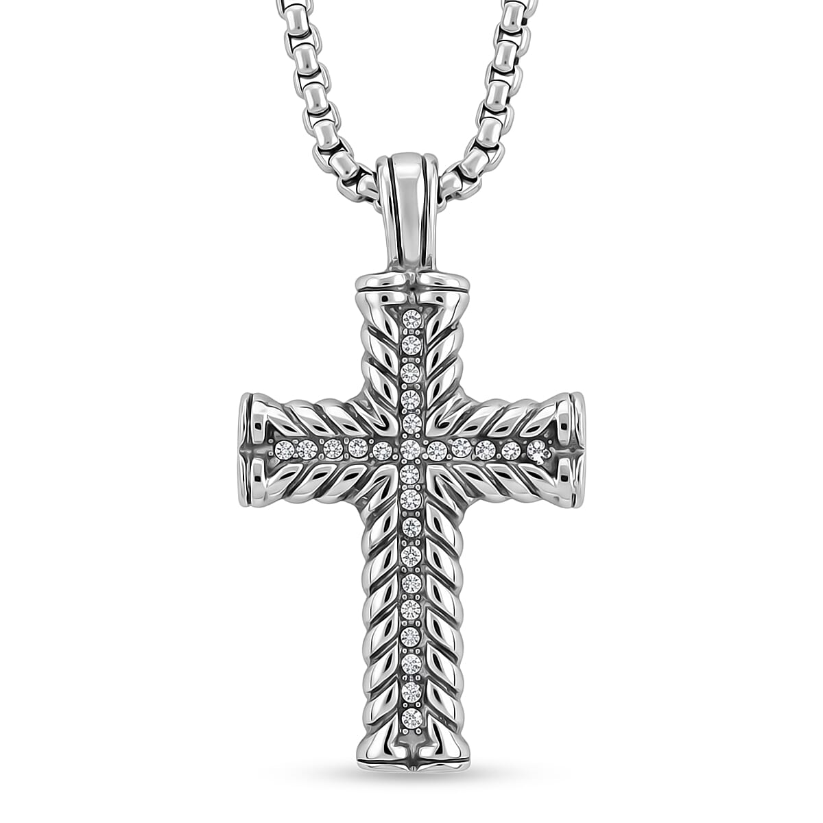 Studded Cross Pendant Necklace in Stainless Steel 22 Inches