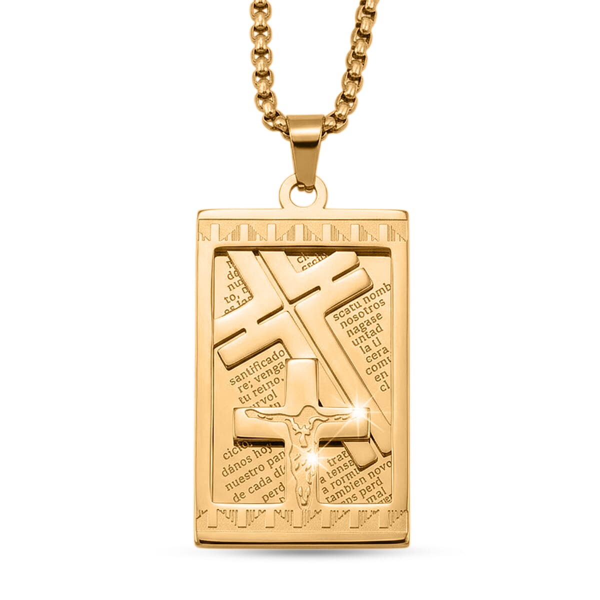 Lords Prayer Crucifix Dogtag Necklace ION Plated YG Stainless Steel 22 Inches