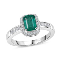 D'Joy Premium Kagem Zambian Emerald, Moissanite Ring in Rhodium Over Sterling Silver (Size 10.0) 1.35 ctw