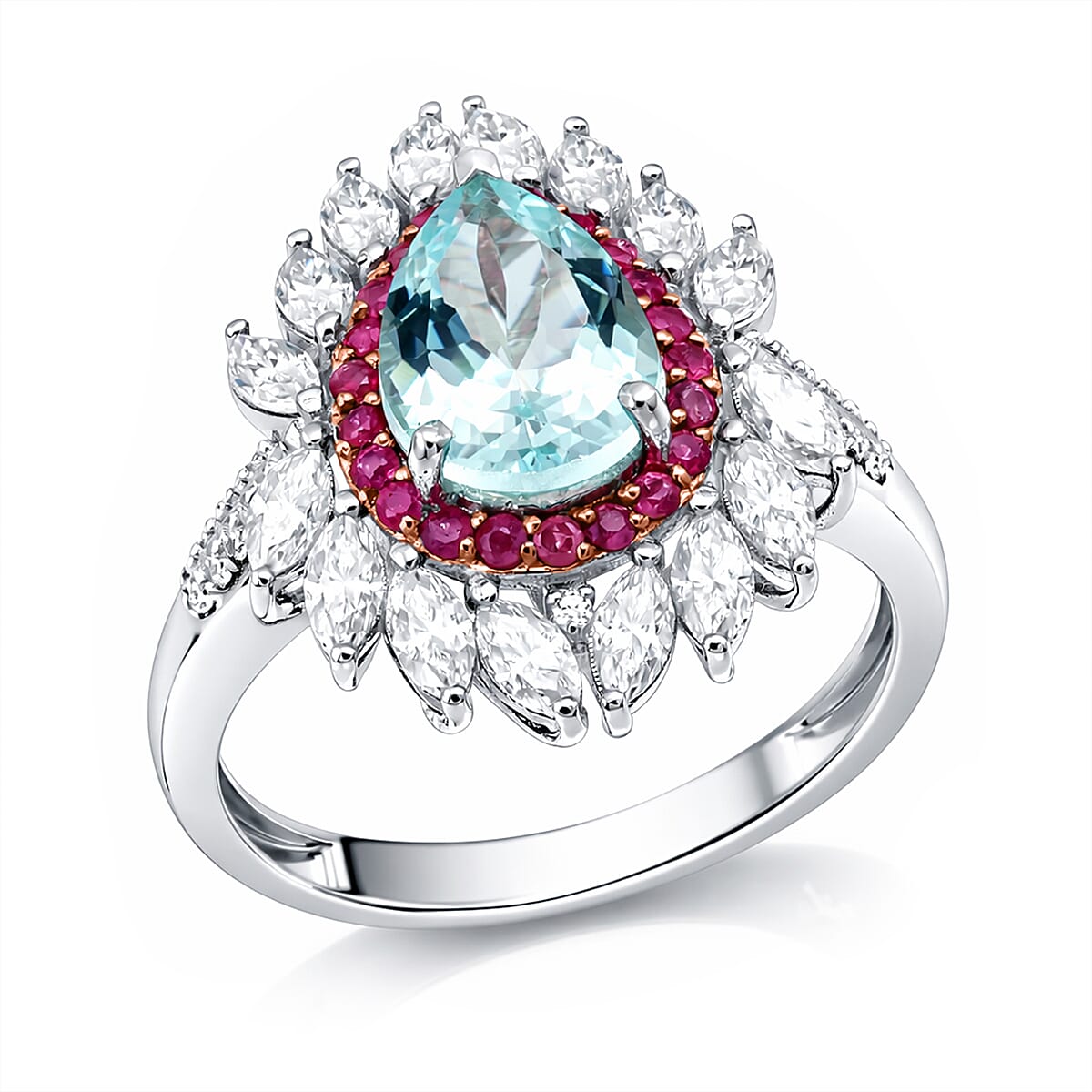 D'Joy Premium Mangoro Aquamarine, Multi Gemstone The Royal Bloom Ring in Rhodium Over Sterling Silver (Size 10.0) 3.00 ctw