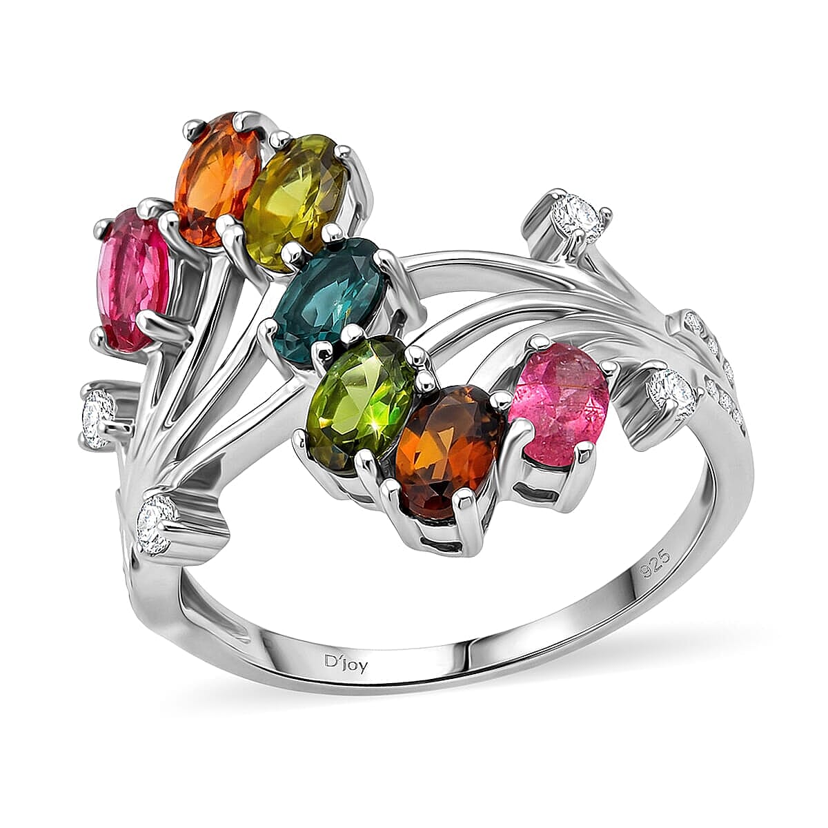 D'Joy Premium Multi-Tourmaline, White Zircon Ring in Rhodium Over Sterling Silver (Size 10.0) 2.00 ctw