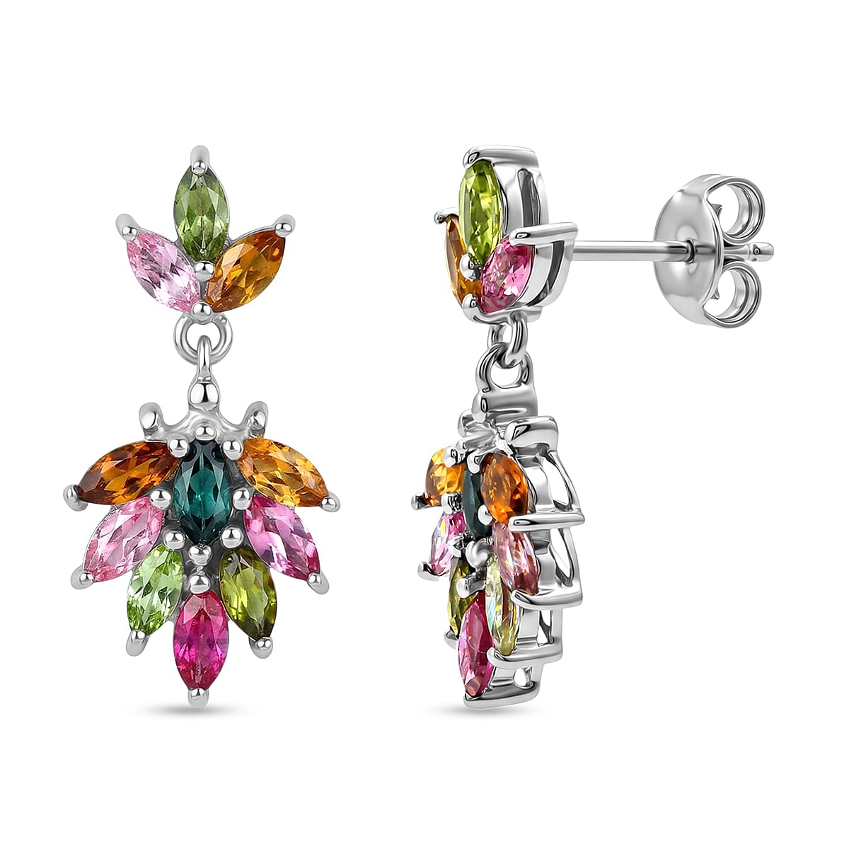 D'Joy Premium Multi-Tourmaline 2 ctw Earrings in Rhodium Over Sterling Silver