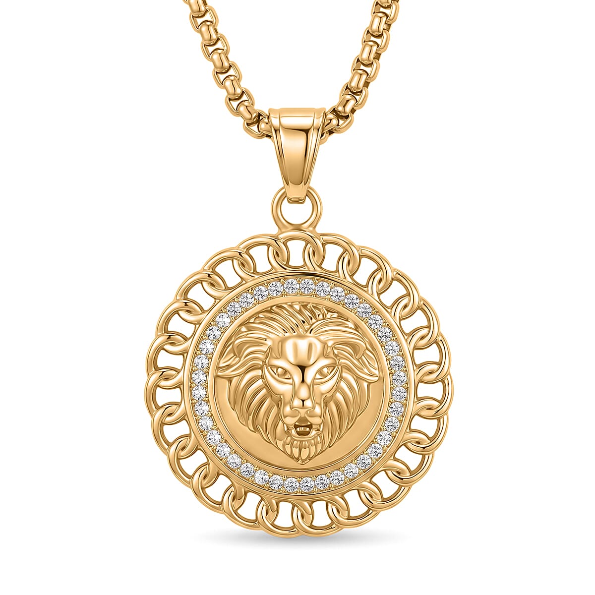 Austrian Crystal Lion Head Necklace (22 Inches) in ION Plated YG Stainless Steel