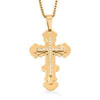 Austrian Crystal Studded Roman Cross Pendant Necklace in ION Plated YG Stainless Steel (22 Inches)