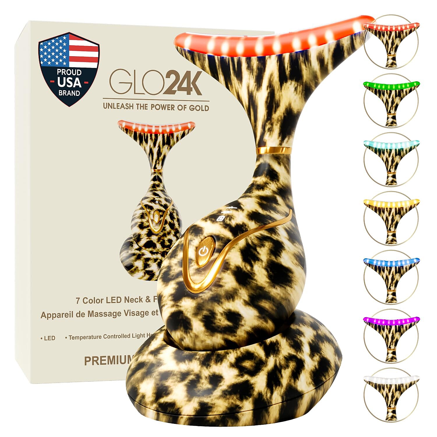 GLO24K 7 Color Cheetah Print LED Neck & Face Massager Deluxe (Lifetime Warranty)