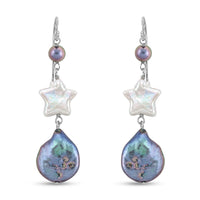 Freshwater White and Peacock Pearl Dangle Earrings in Sterling Silver
