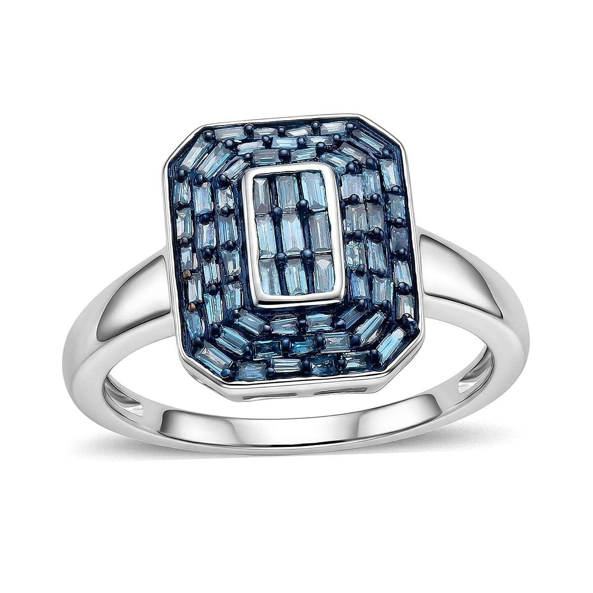 D'Joy Natural Blue Diamond Cluster Halo Ring in Rhodium Over Sterling Silver (Size 10.0) 0.50 ctw