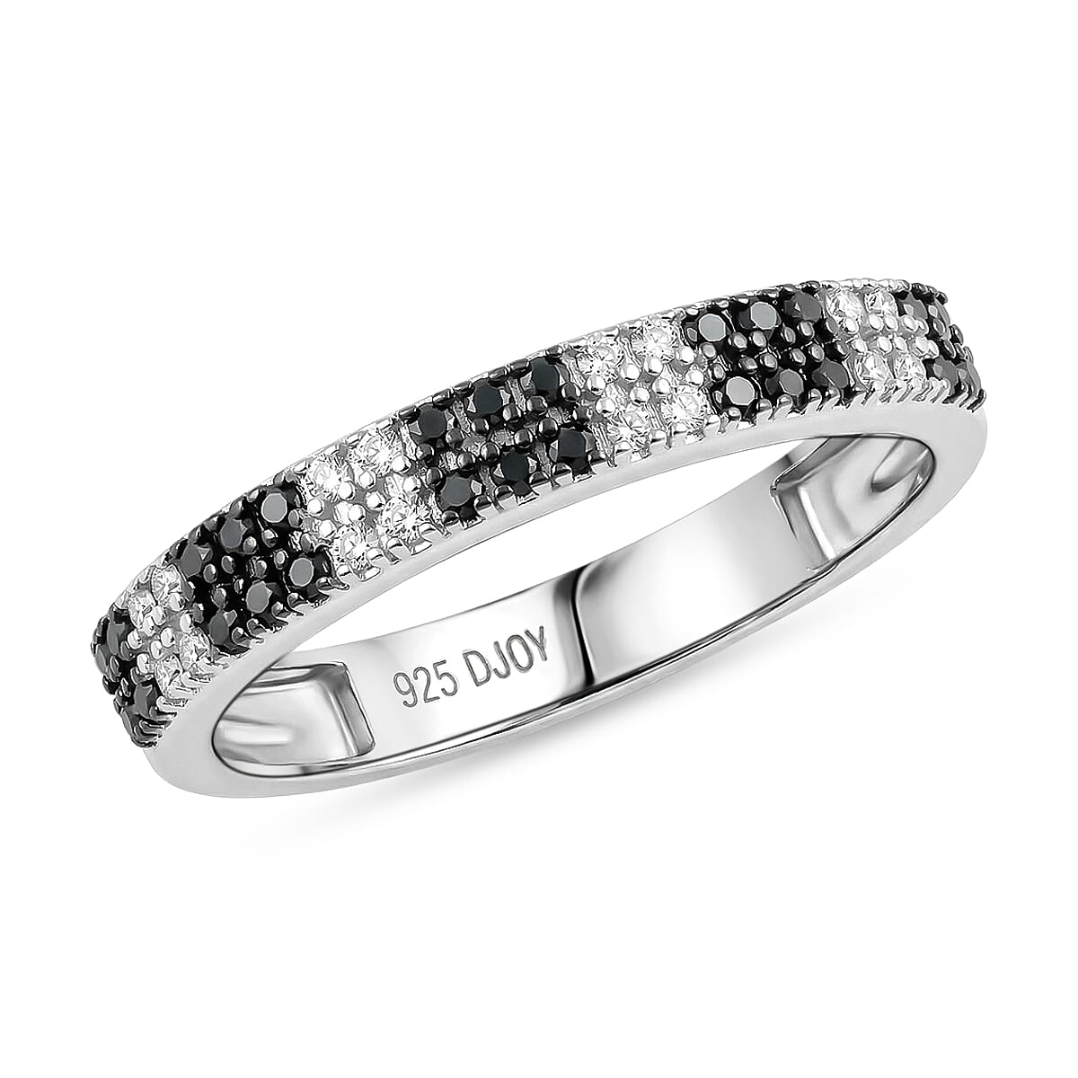 D'Joy Natural Black and White Diamond Band Ring in Rhodium Over Sterling Silver (Size 10.0) 0.25 ctw