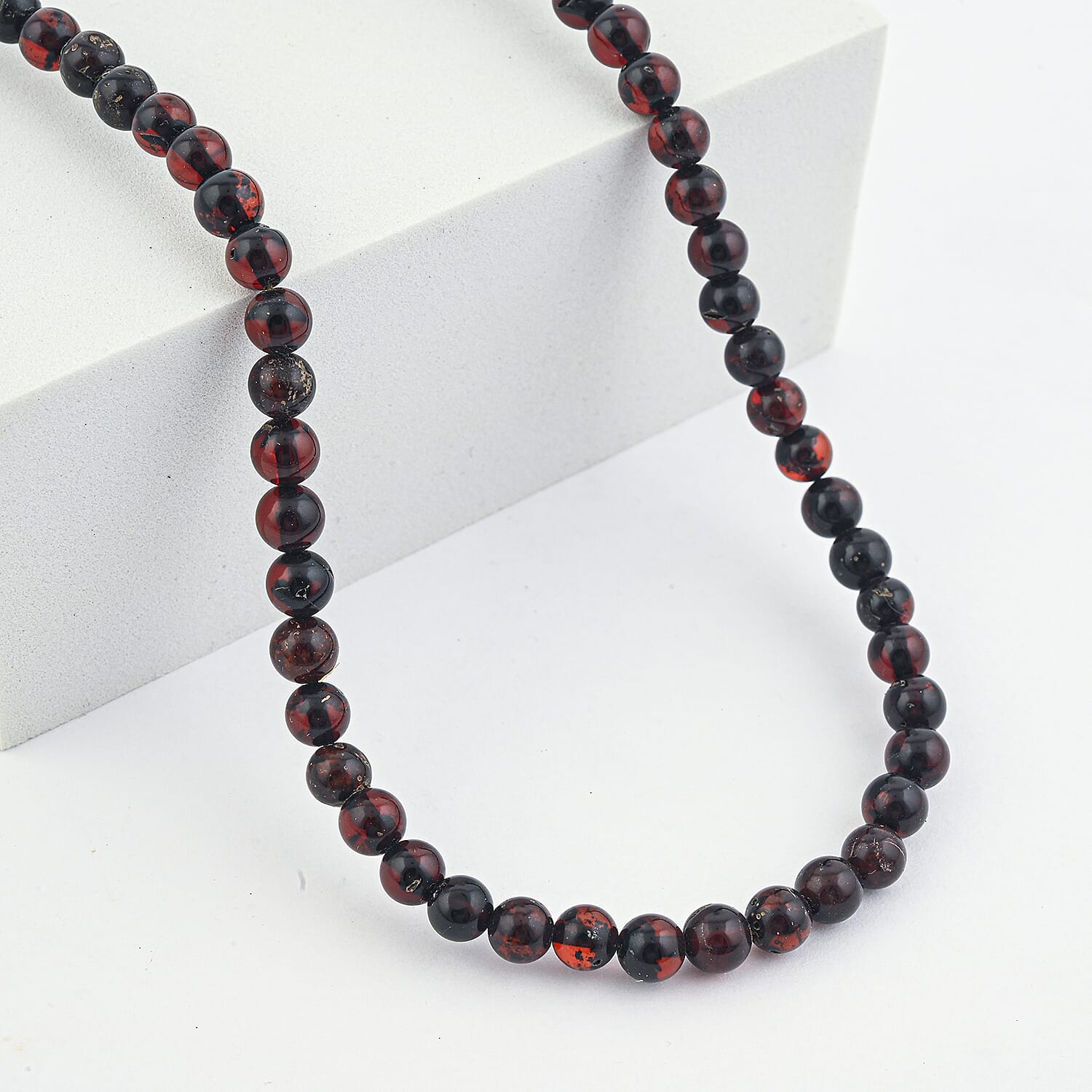 Cherry Amber Beaded Necklace in Sterling Silver 20 Inches