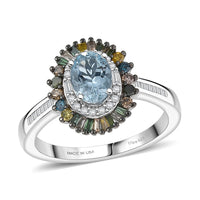 D'Joy Santa Maria Aquamarine, Multi Diamond (Natural & IR) (0.50 cts) Ring in Rhodium Over Sterling Silver (Size 10.0) 1.20 ctw