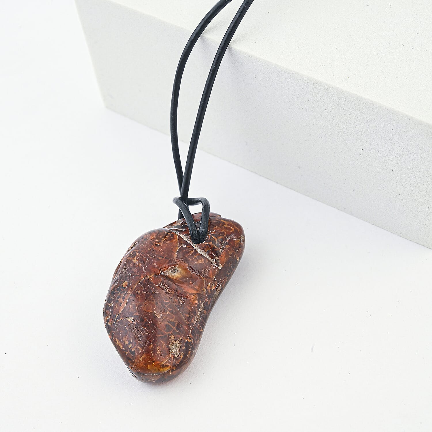 Raw Amber Black Leather Rope Chain Necklace 28 Inches