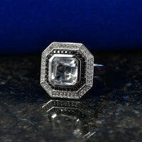 D'Joy Asscher Cut Premium White Topaz and Thai Black Spinel 3.70 ctw Ring in Rhodium Over Sterling Silver