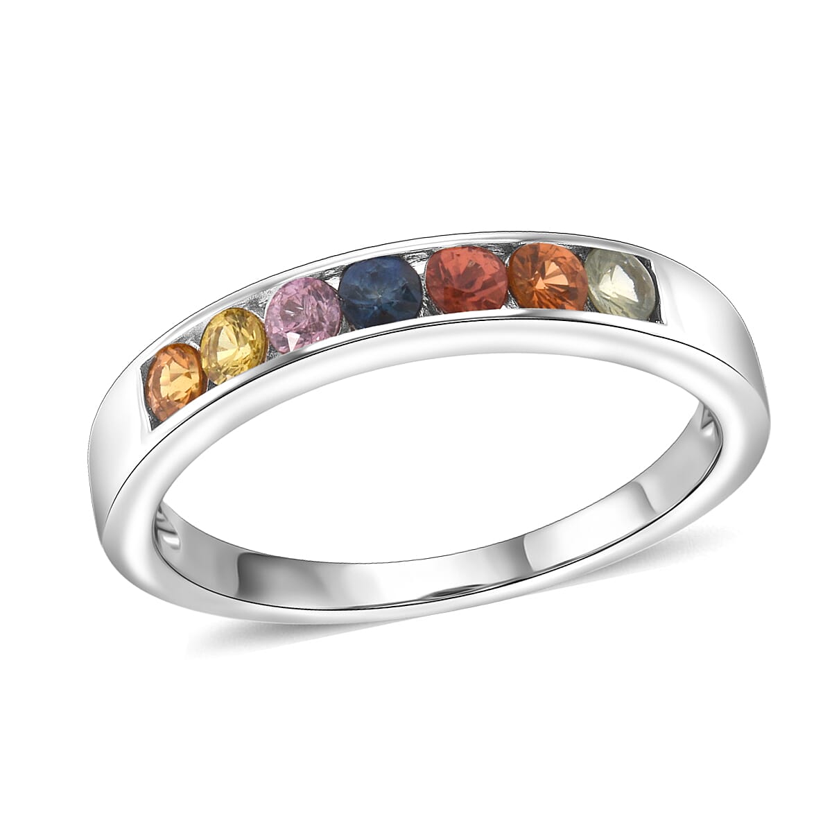 D'Joy Multi Sapphire Half Eternity Ring in Rhodium Over Sterling Silver (Size 10.0) 0.50 ctw