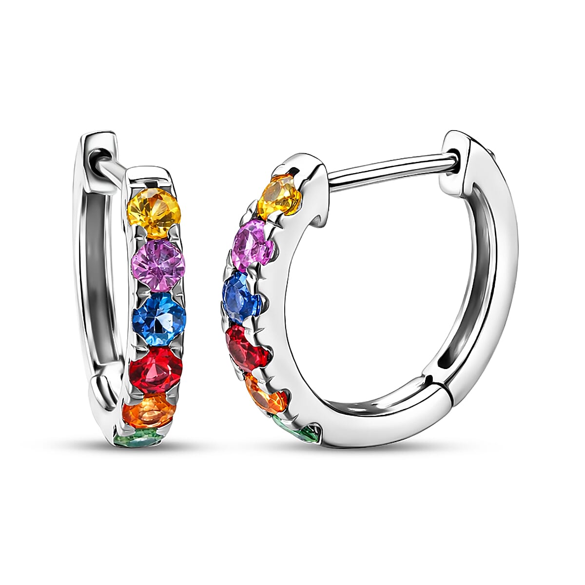 D'Joy Premium Multi Sapphire 1.20 ctw Hoop Earrings in Rhodium Over Sterling Silver