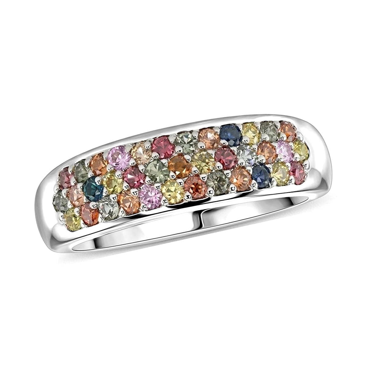 D'Joy Premium Multi Sapphire Multi Color Band Ring in Rhodium Over Sterling Silver