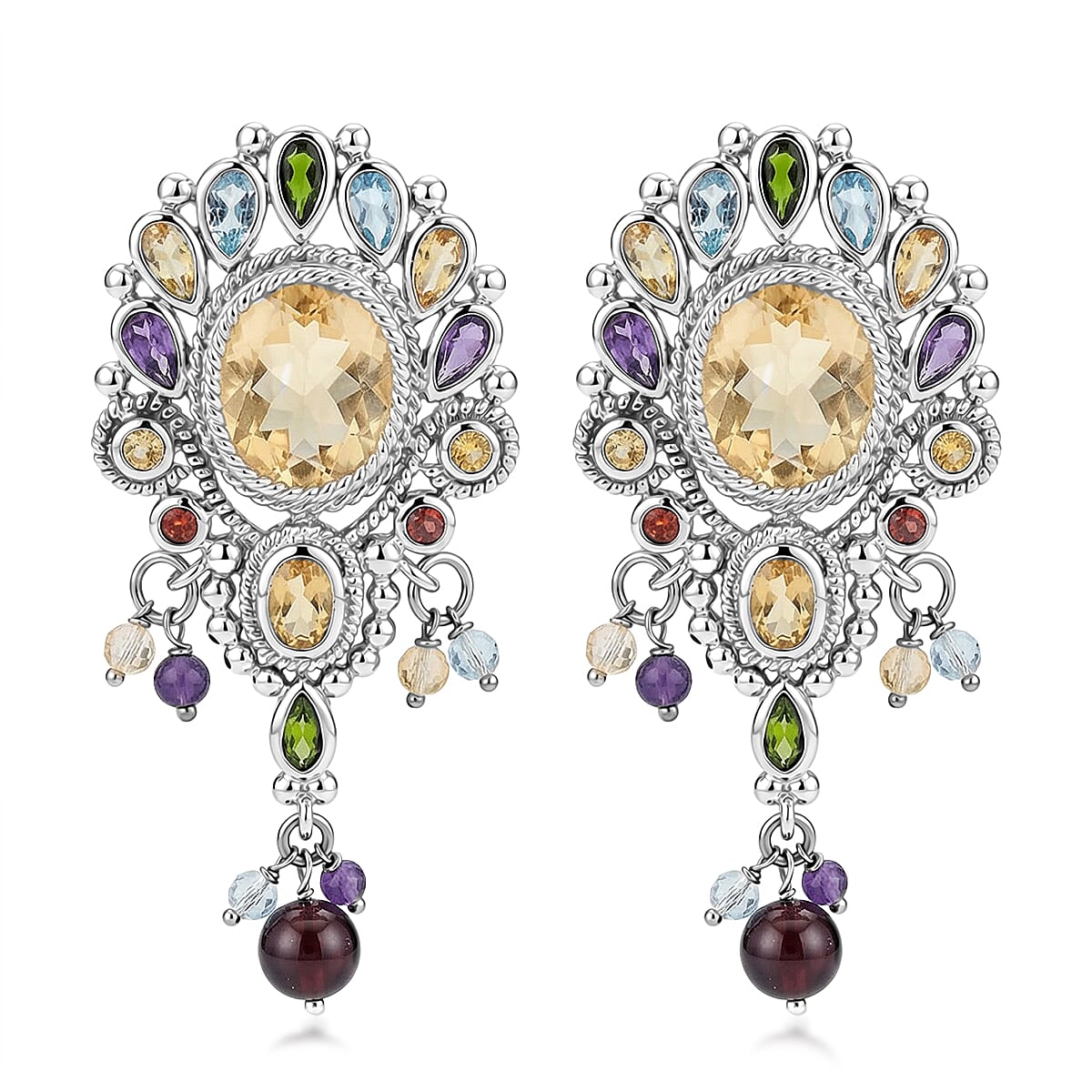Brazilian Citrine and Multi Gemstone 11.00 ctw Dangling Earrings in Sterling Silver
