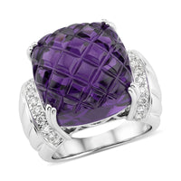 Checkerboard Cut Amethyst, White Topaz Ring in Sterling Silver (Size 10.0) 15.50 ctw