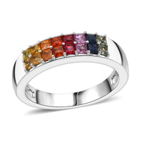 D'Joy Premium Multi Sapphire Color Stack Band Ring in Rhodium Over Sterling Silver (Size 10.0) 1.50 ctw